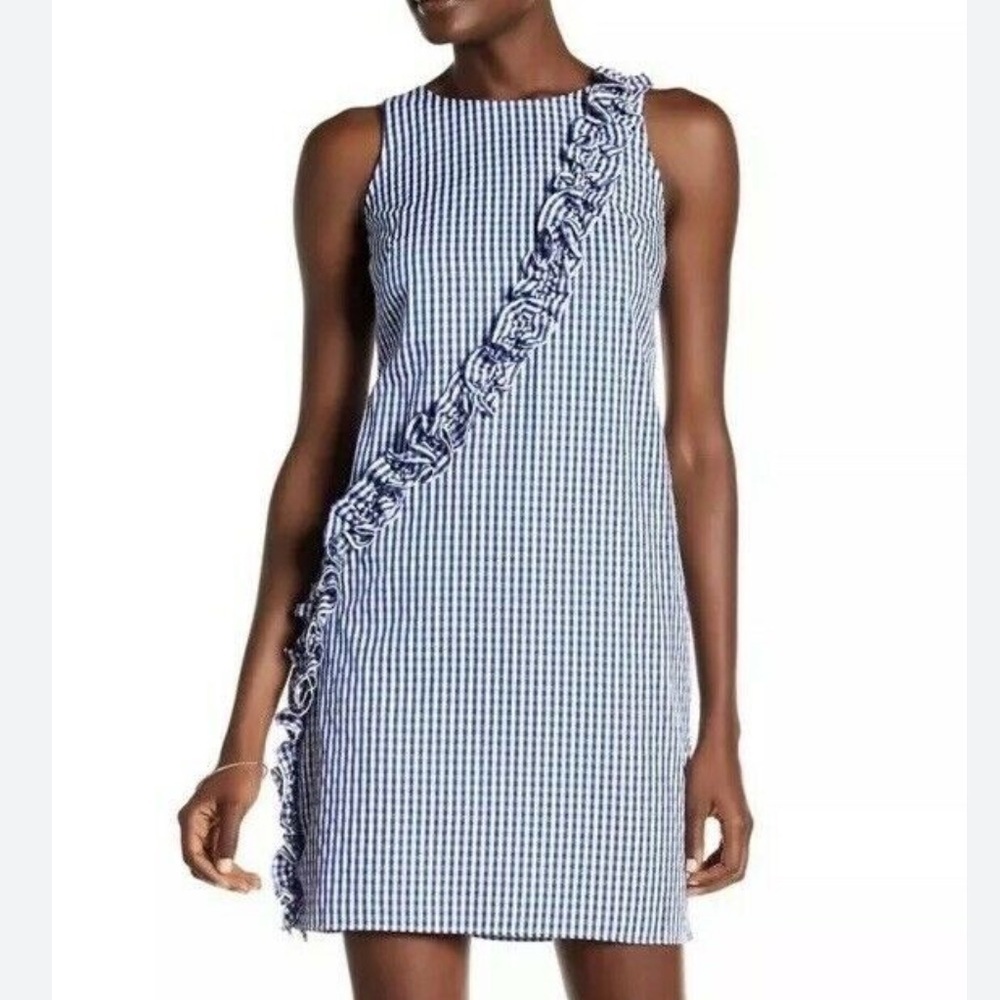 London Times Sleeveless Black White Gingham Ruffle Dress Size 4